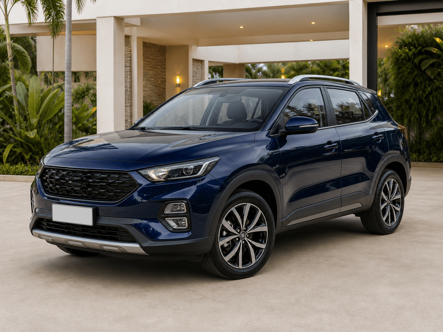 SUV azul em vista dianteira de três quartos